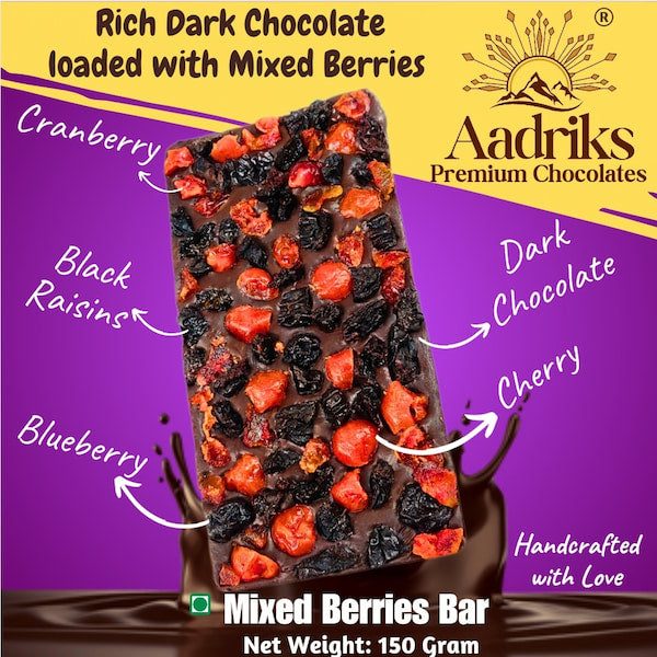 Aadriks Premium Chocolates Mixed Berries Bar with dark chocolate and mixed berries.
